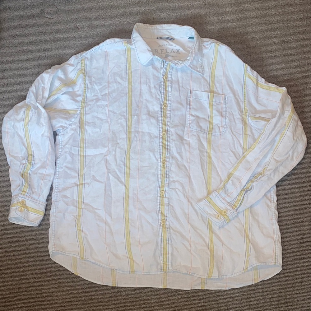 Tommy Bahama “Relax” 100% Linen Baby Blue w/ Stripe Button-Up Shirt sz XXL READ